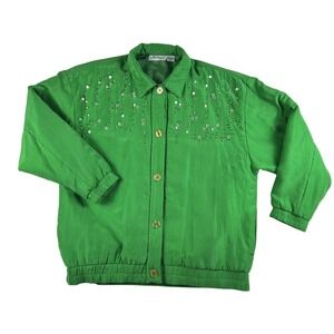 Vintage Adam Douglass Jacket Womens Large Green Silk Beaded Rhinestone 80s